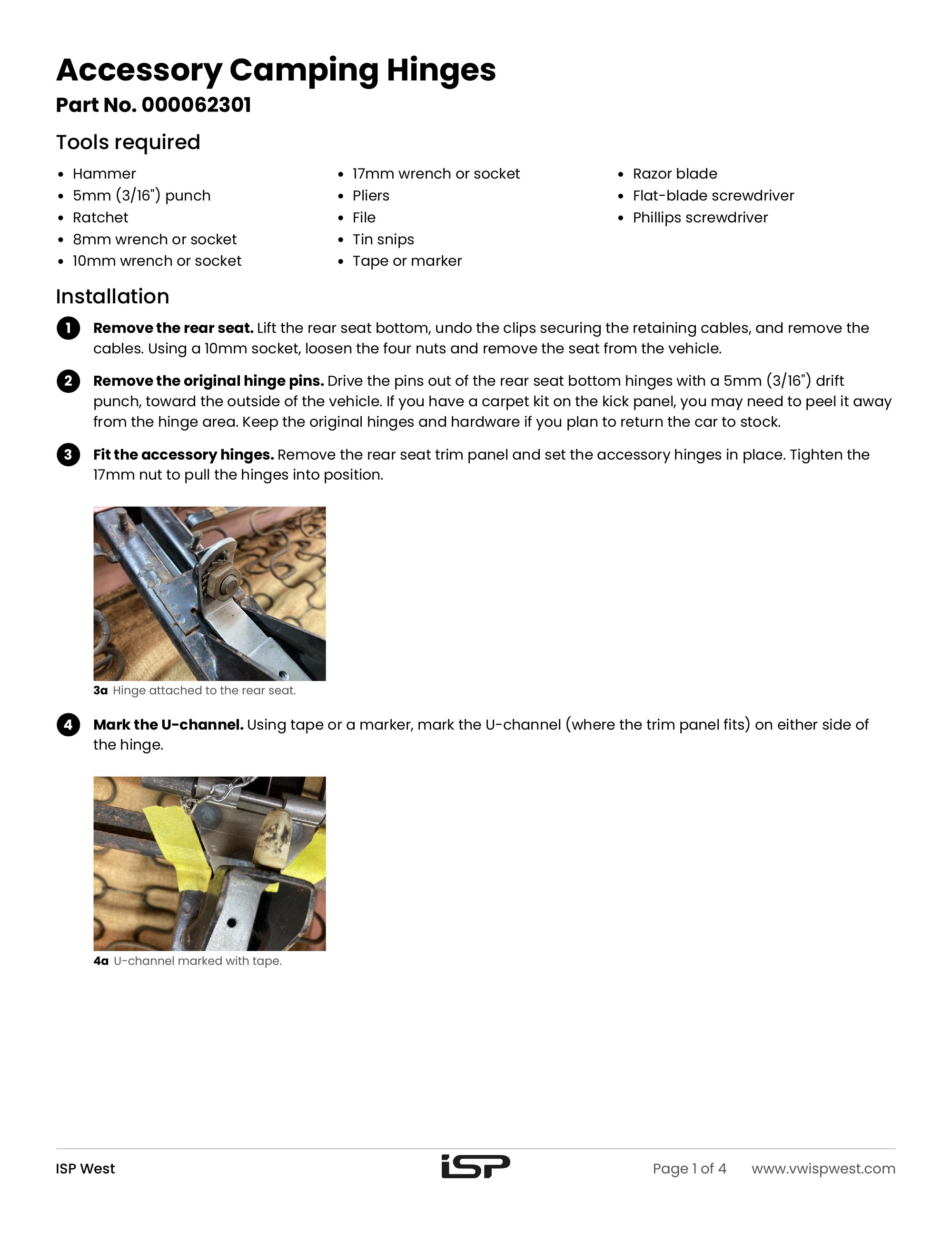 Squareback camping hinges 000062301 instructions, Page 1: tools required and steps 1-4 (removing the seat and original hinge pins, fitting the hinges, marking the U-channel)