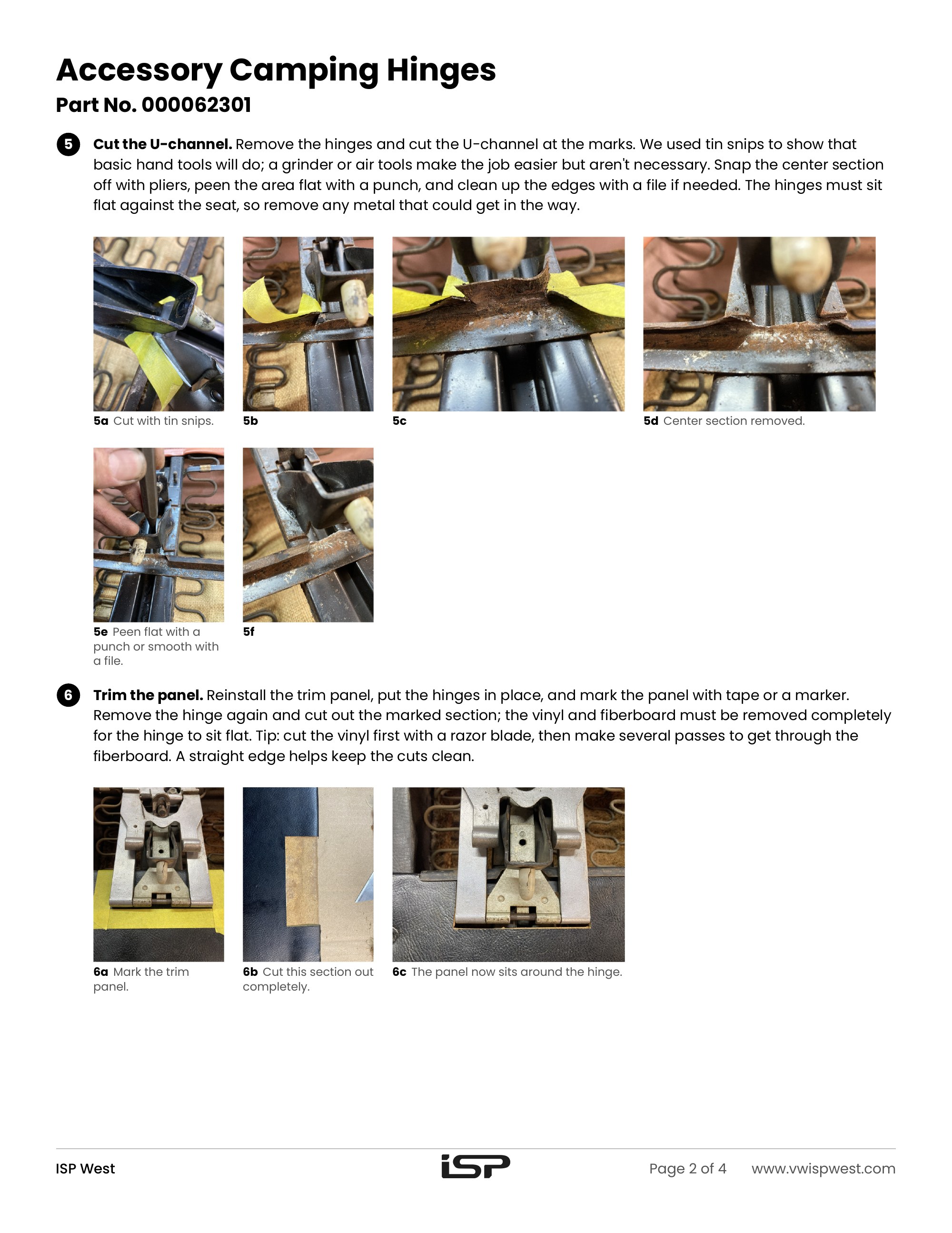 Squareback camping hinges 000062301 instructions, Page 2: steps 5-6 (cutting the U-channel and trimming the trim panel)