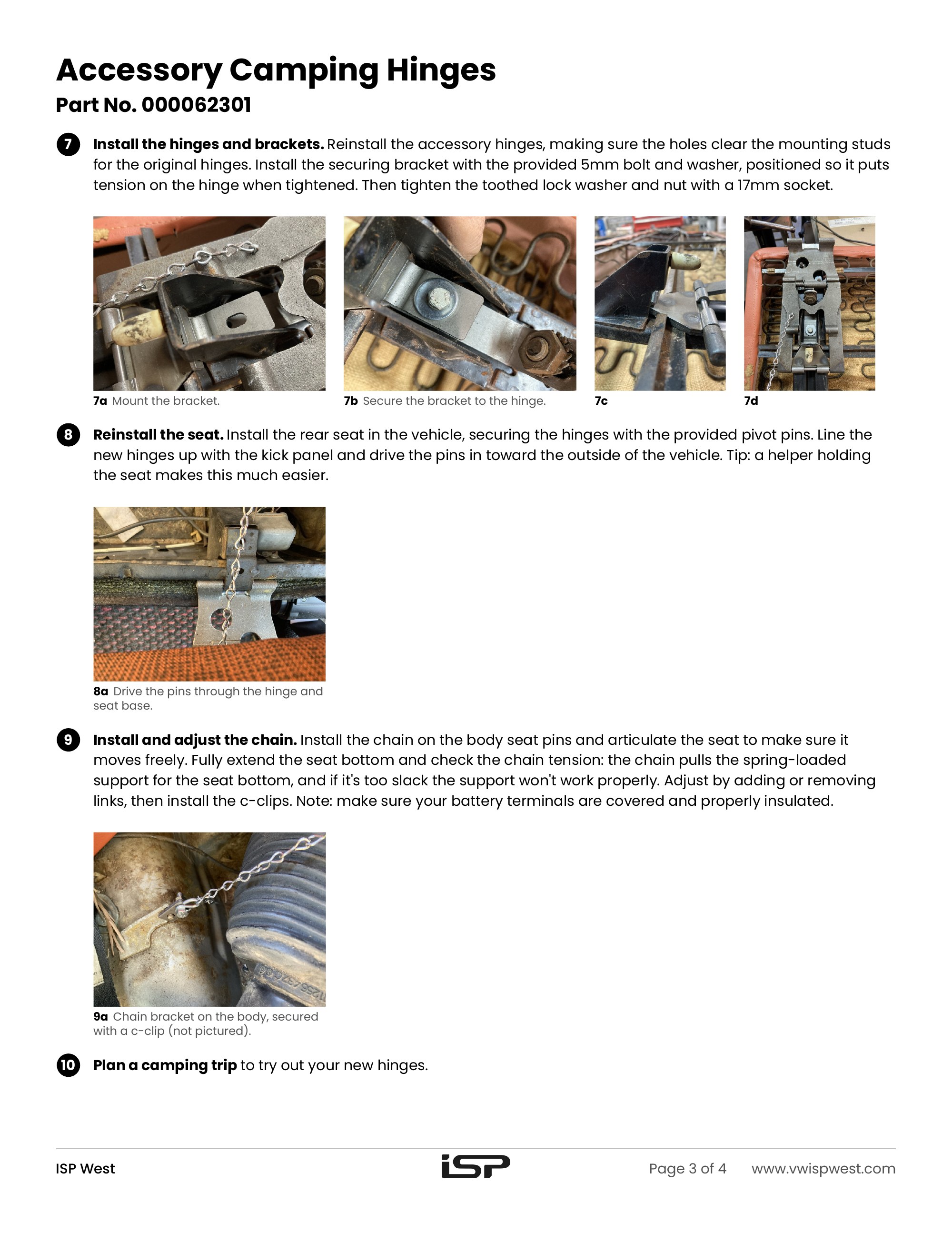 Squareback camping hinges 000062301 instructions, Page 3: steps 7-10 (installing the brackets, reinstalling the seat, adjusting the chain)