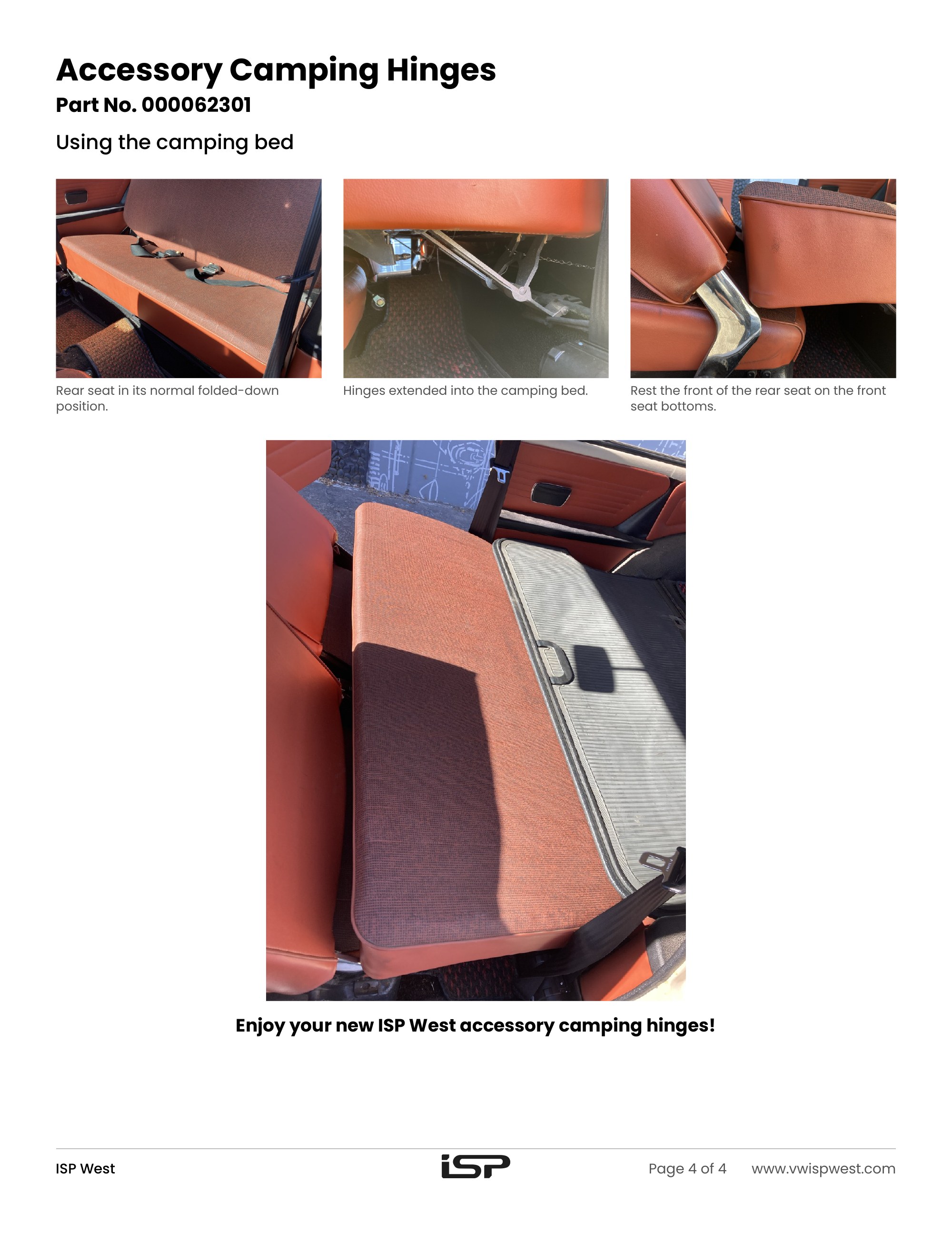 Squareback camping hinges 000062301 instructions, Page 4: using the camping bed
