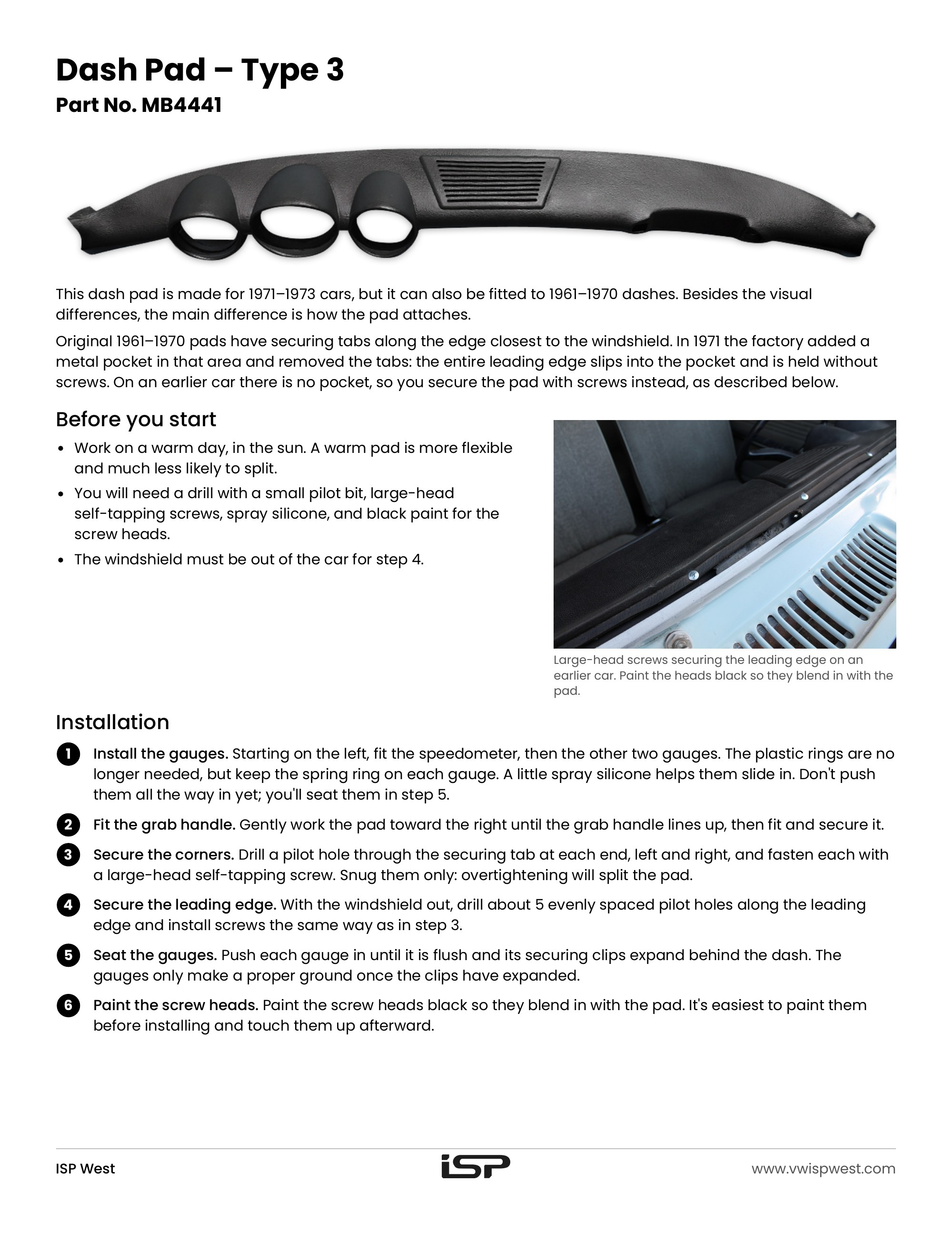 Type 3 dash pad MB4441 installation instructions: fitting to 1961-1970 dashes and 6 installation steps