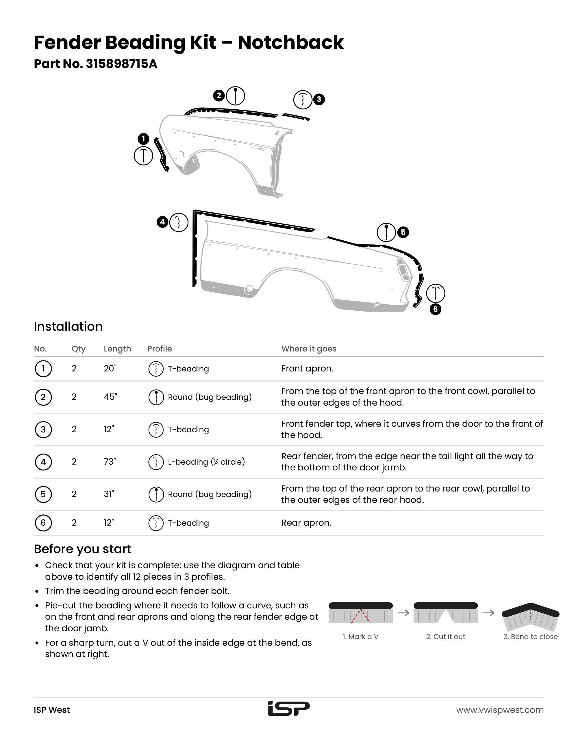 Notchback fender beading kit 315898715A installation diagram and parts table