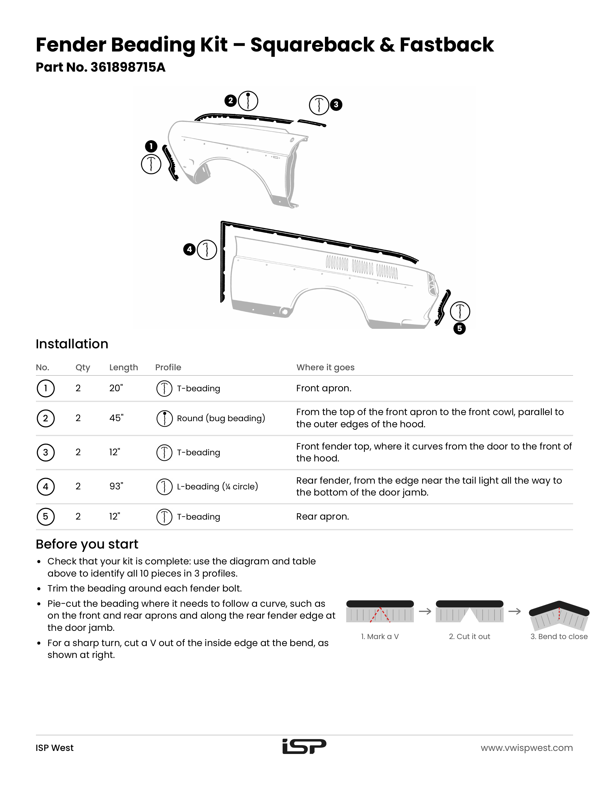 VW Type 3 Squareback and Fastback fender beading installation instructions, part no. 361898715A