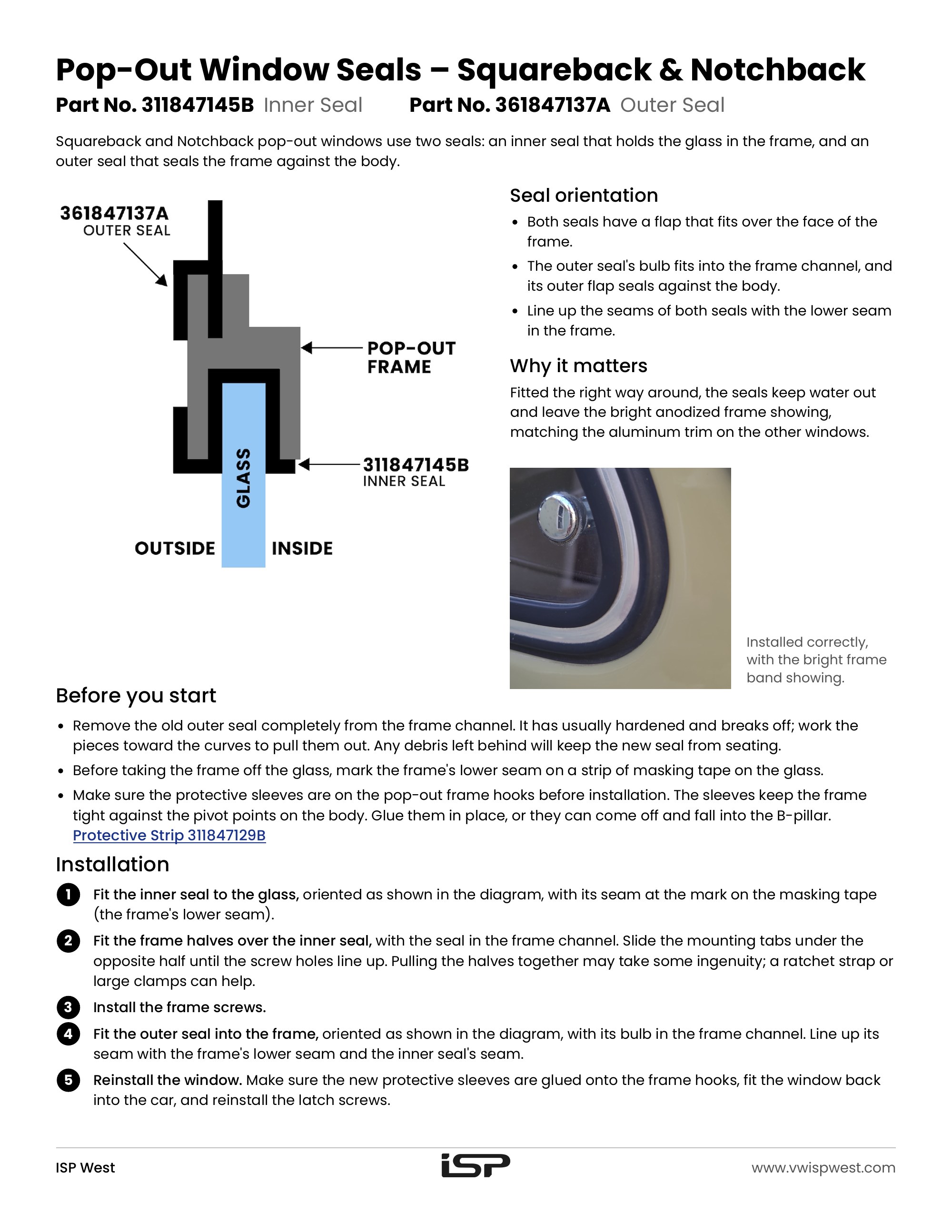 VW Type 3 pop-out window seal installation instructions, part nos. 311847145B and 361847137A