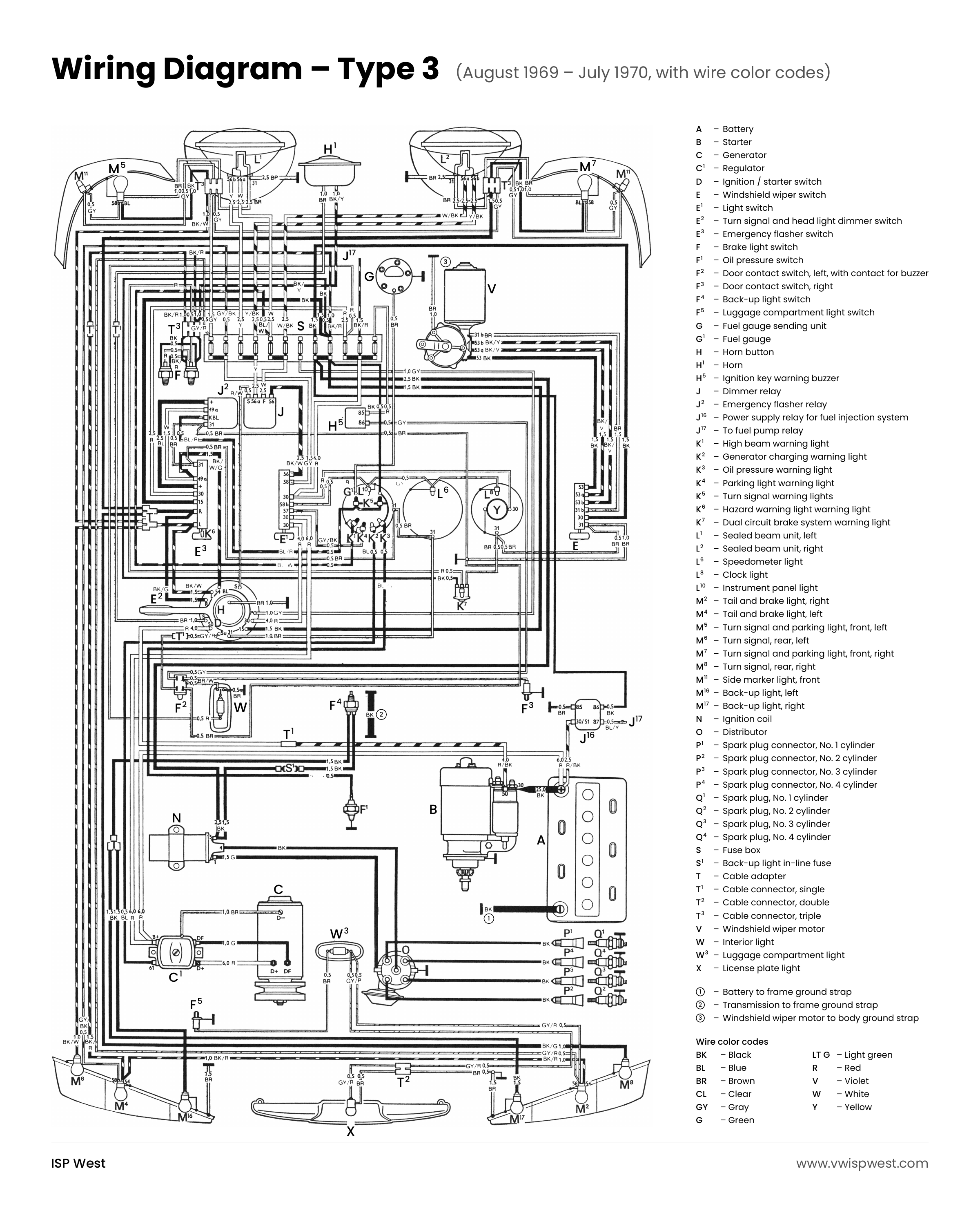 1970 VW 1600 black and white wiring diagram