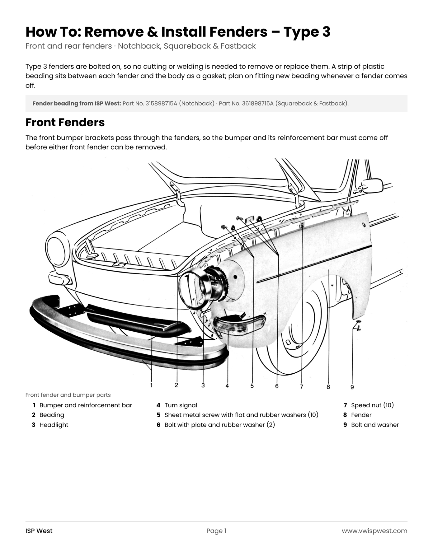 VW Type 3 fender removal instruction sheet