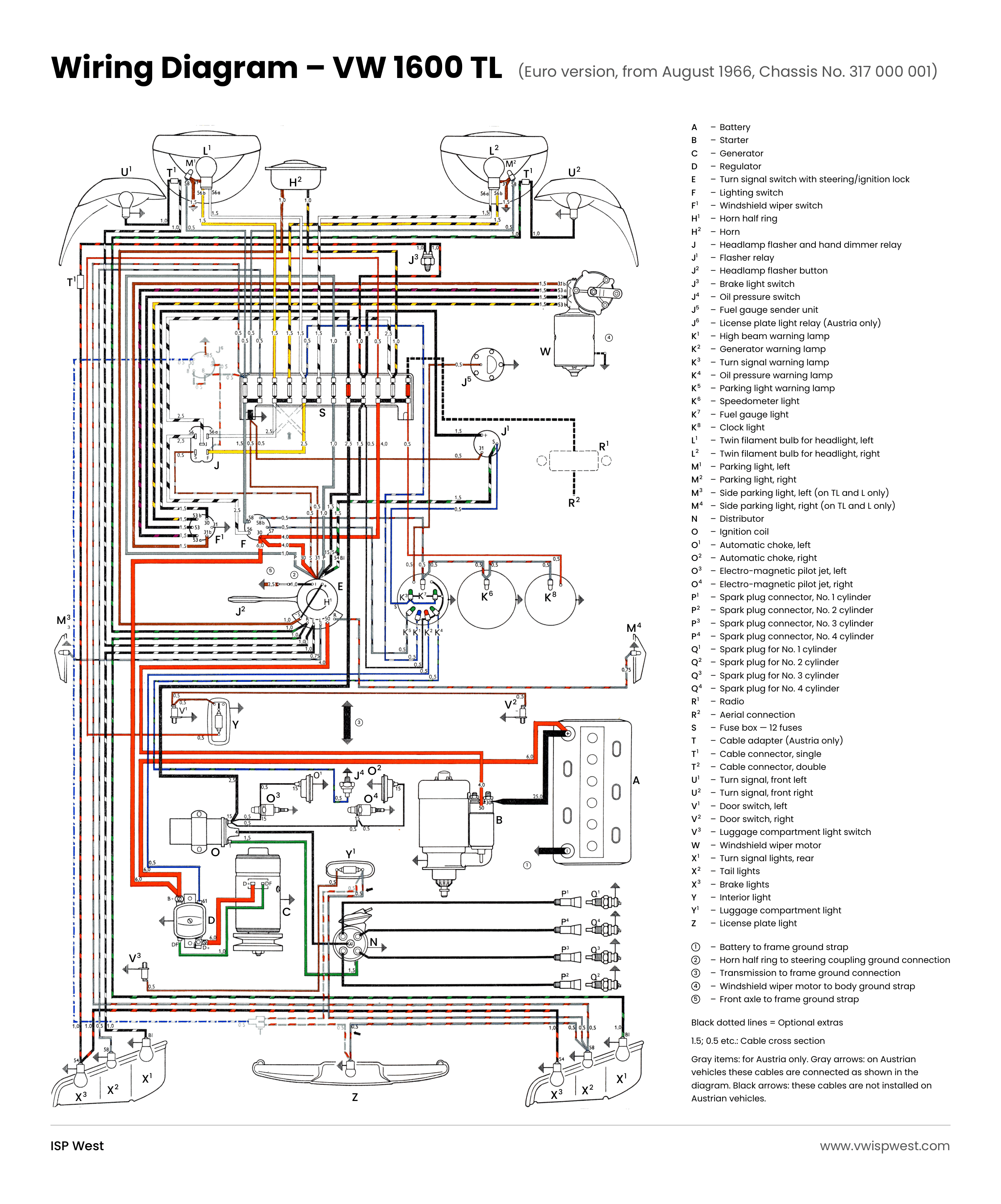 1967 VW 1600 TL Euro spec wiring diagram