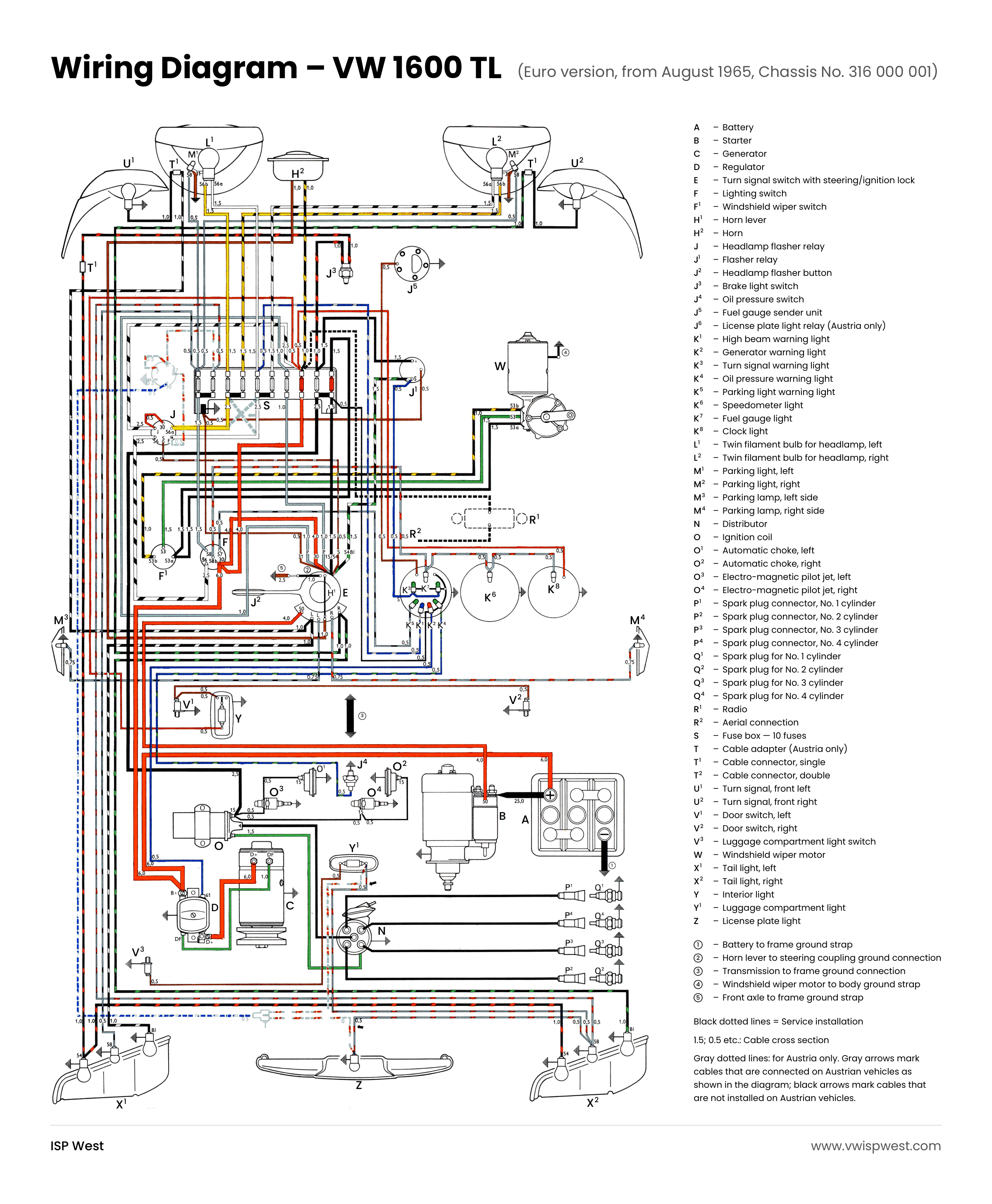 1966 VW 1600 TL Euro spec wiring diagram